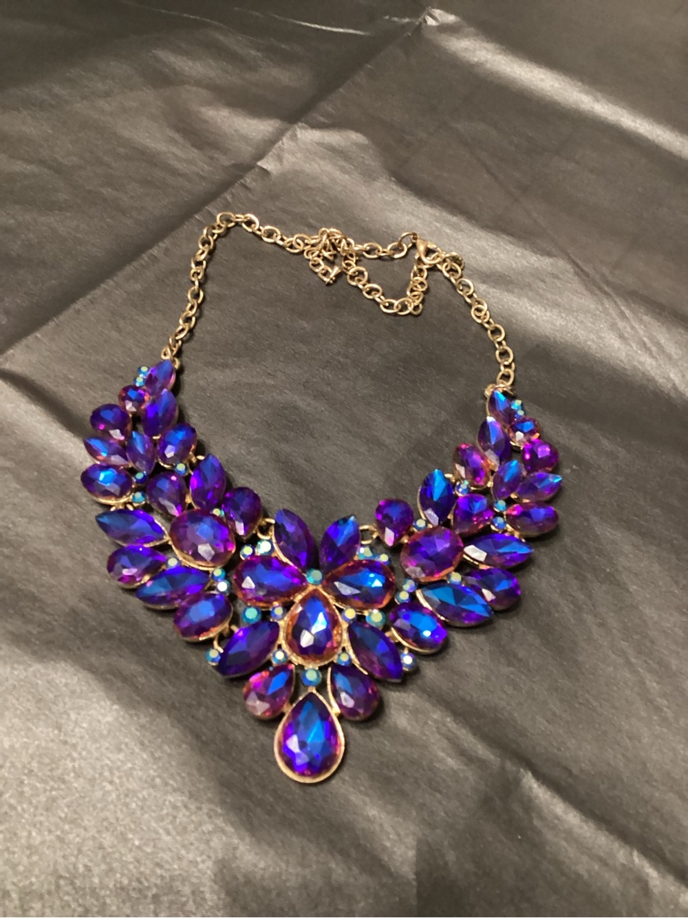 Iridescent Purple Crystal Statement Necklace with Gold Chain